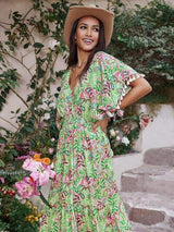 Smocked Floral V-Neck Short Sleeve Dress - Trendsi - Flyclothing LLC