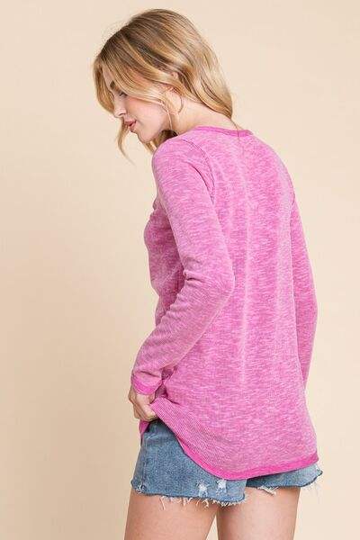 Reborn J Contrast Trim Half Button Long Sleeve T-Shirt - Trendsi - Flyclothing LLC