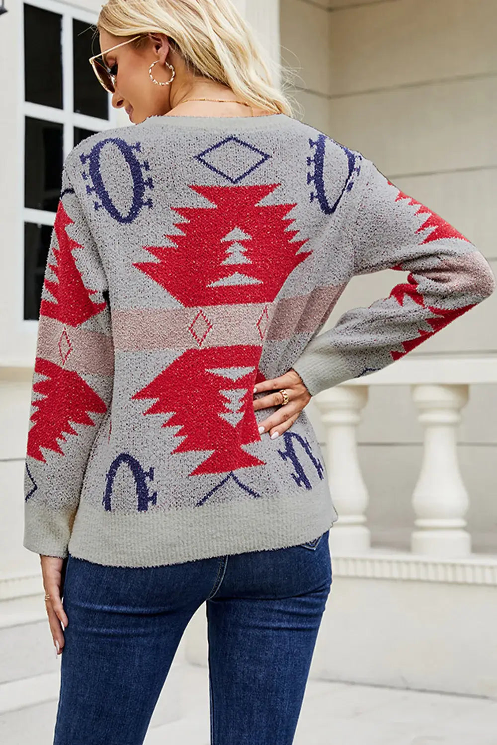 Printed Round Neck Long Sleeve Sweater - Trendsi - Flyclothing LLC
