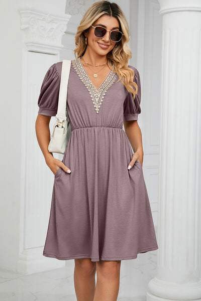 V-Neck Puff Sleeve Dress - Trendsi - Flyclothing LLC