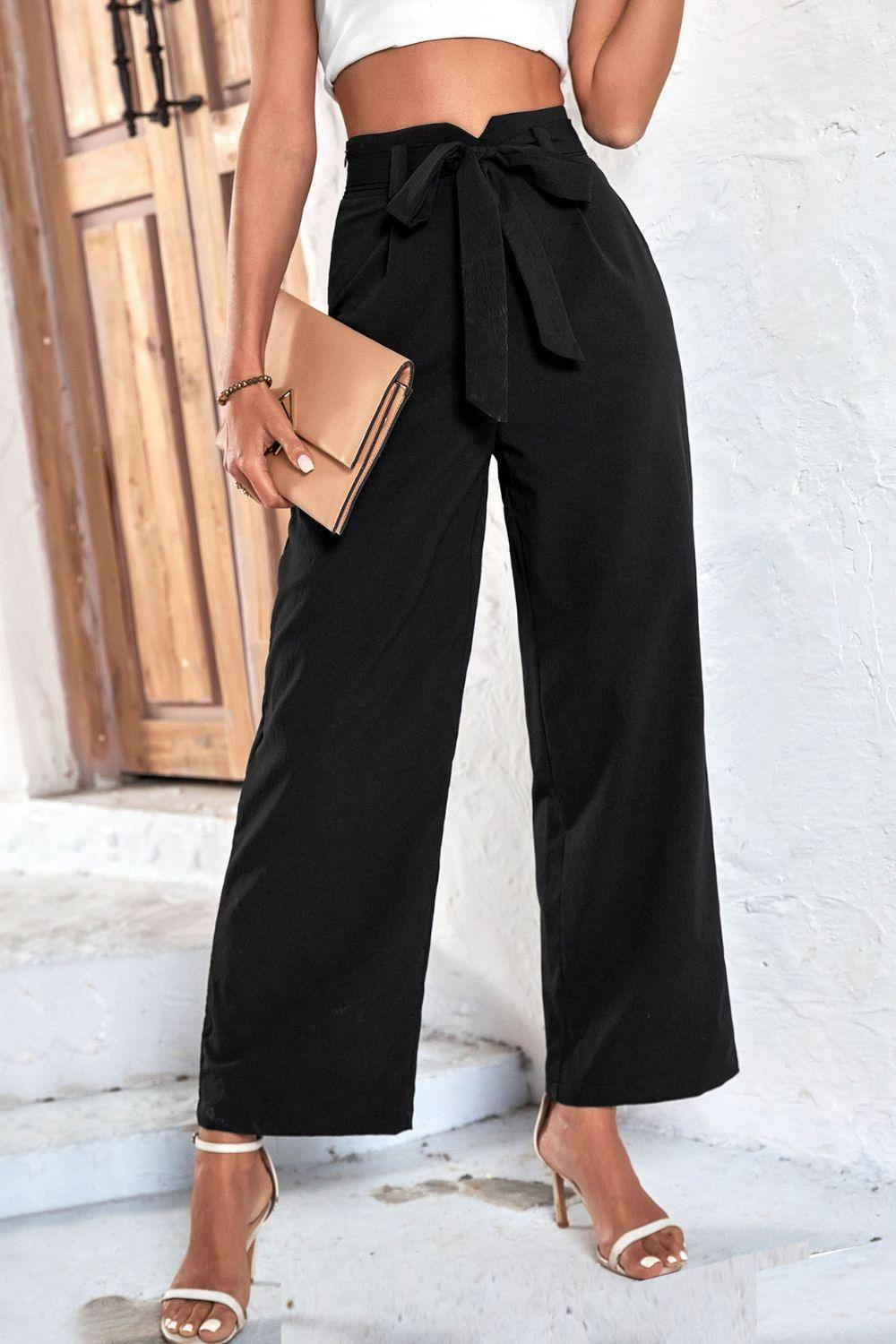 Belted High-Rise Wide Leg Pants - Trendsi