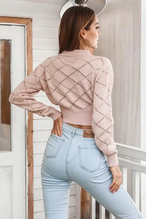Openwork Plaid Round Neck Cropped Sweater - Trendsi - Flyclothing LLC