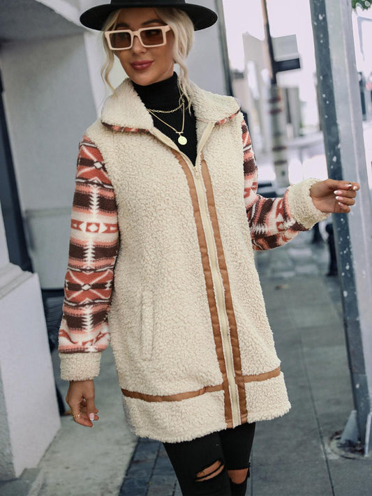 Geometric Zip-Up Collared Sherpa Jacket - Trendsi