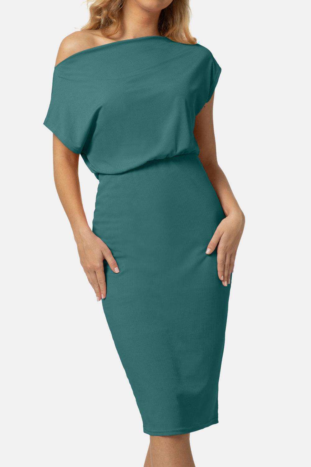 Boat Neck Short Sleeve Knee-Length Dress - Trendsi - Flyclothing LLC