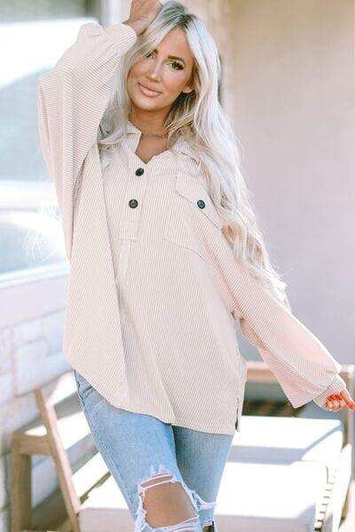 Collared Neck Half Button Long Sleeve Blouse - Trendsi - Flyclothing LLC
