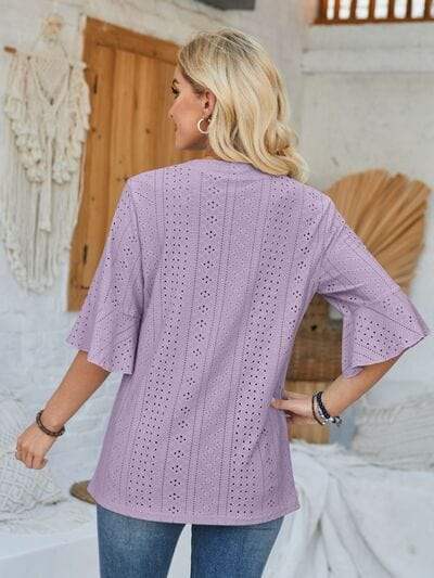 Eyelet Notched Half Sleeve T-Shirt - Trendsi - Flyclothing LLC