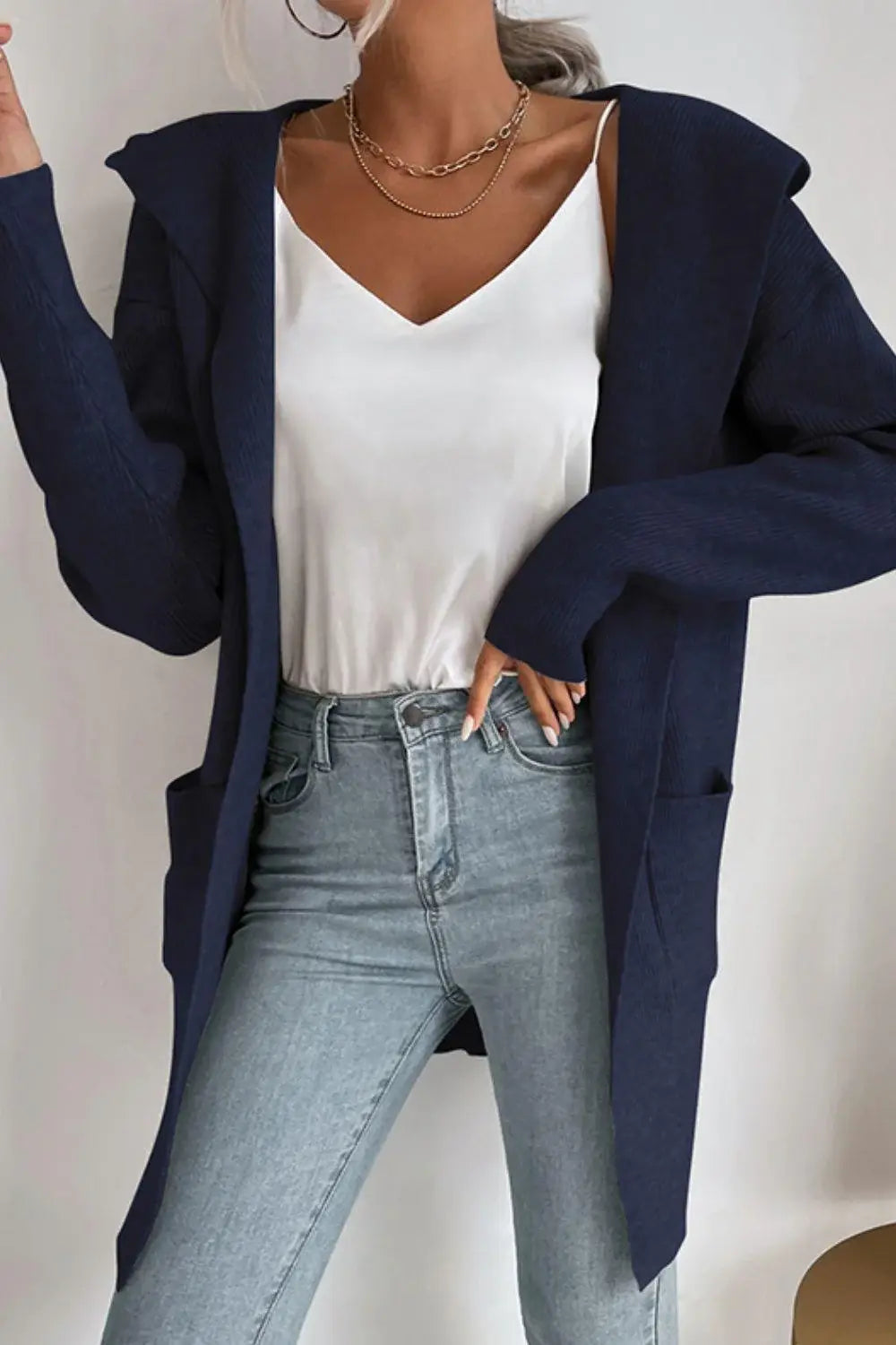 Ribbed Open Front Hooded Cardigan with Pockets - Trendsi - Flyclothing LLC