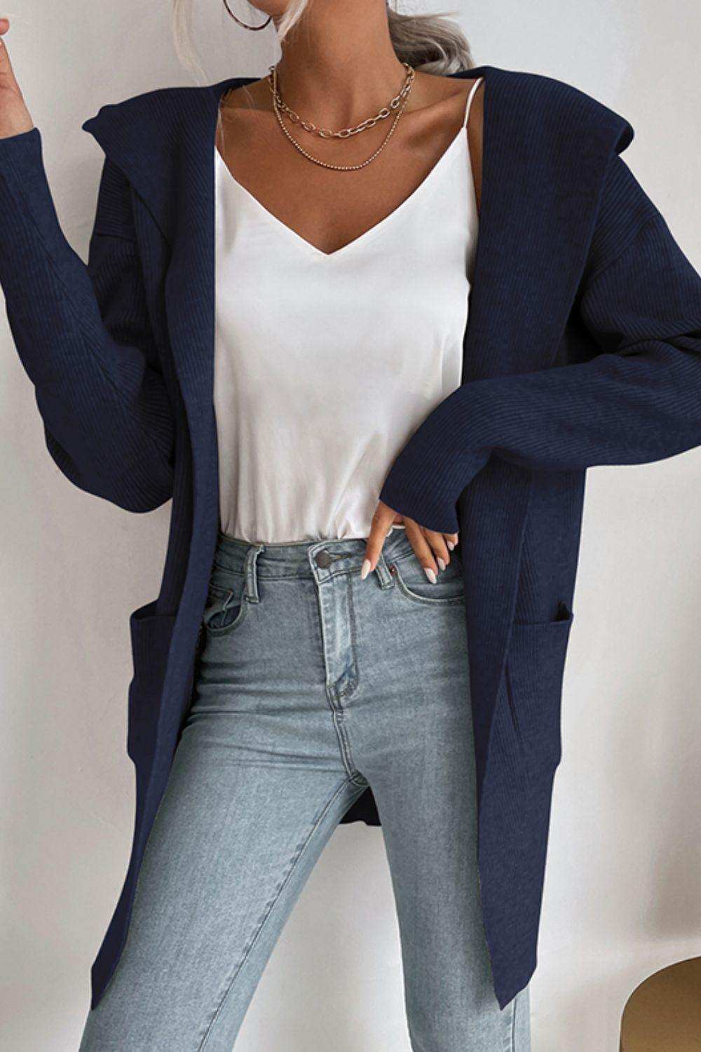 Ribbed Open Front Hooded Cardigan with Pockets - Trendsi - Flyclothing LLC