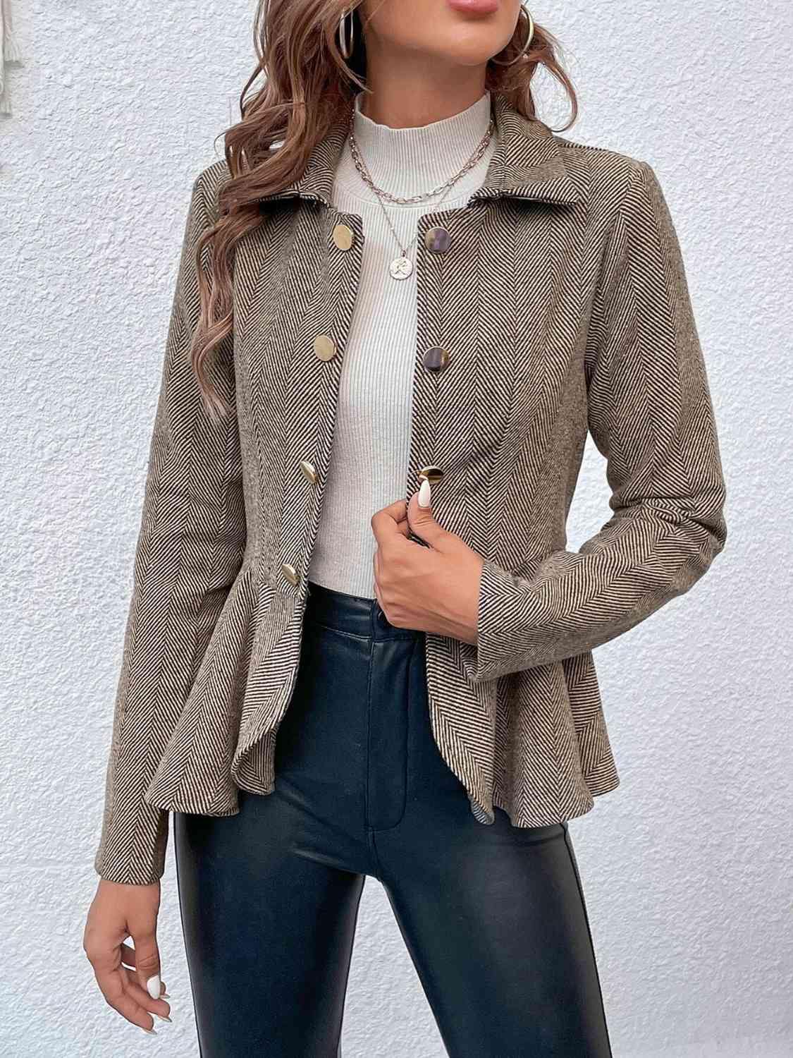 Ruffle Hem Collared Blazer - Trendsi