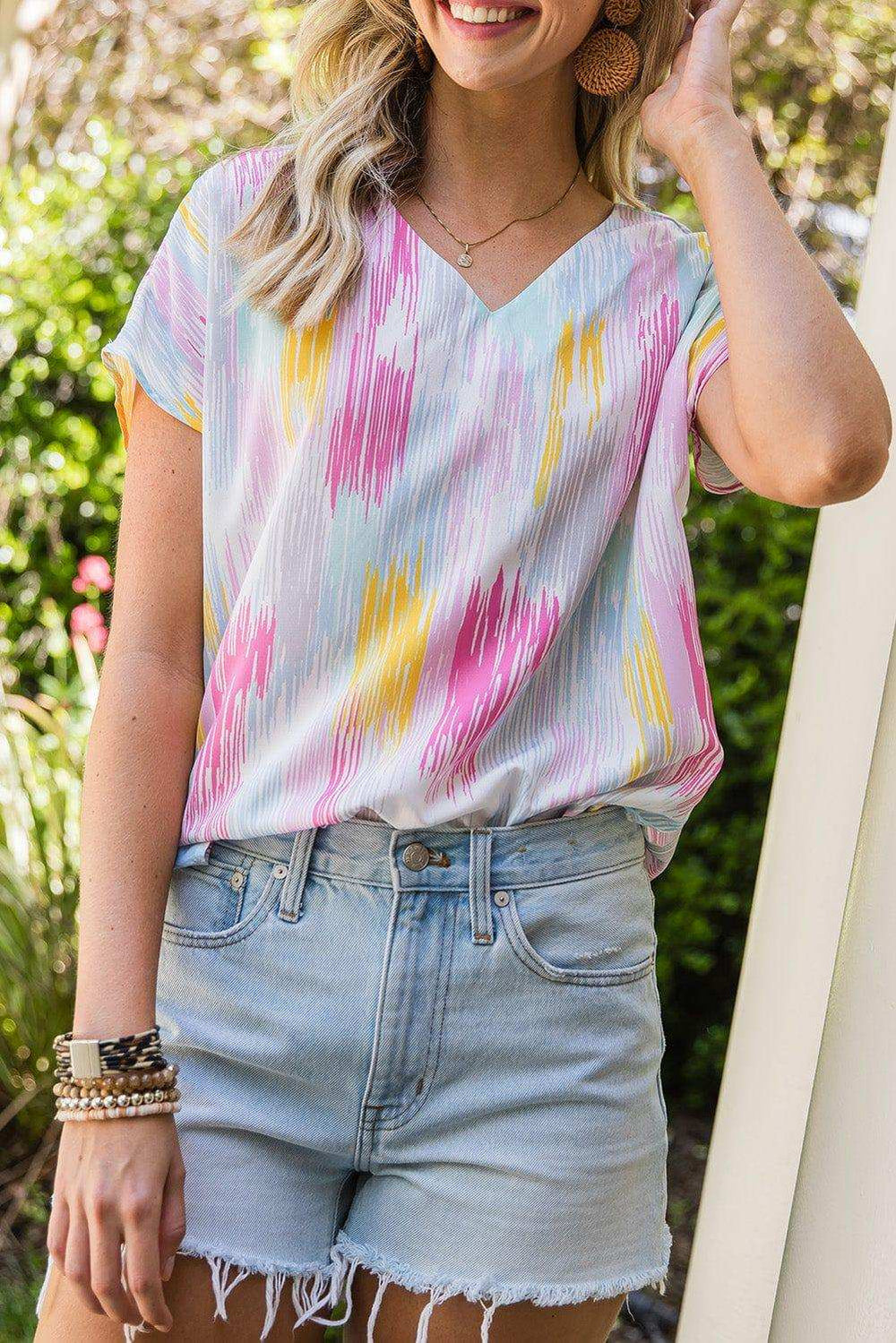 High-Low V-Neck Short Sleeve Blouse - Trendsi - Flyclothing LLC