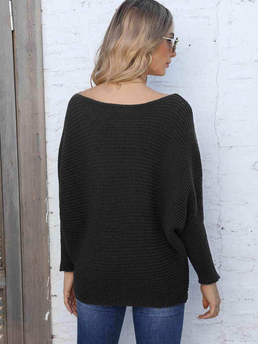 Full Size Horizontal Ribbing Dolman Sleeve Sweater - Trendsi - Flyclothing LLC