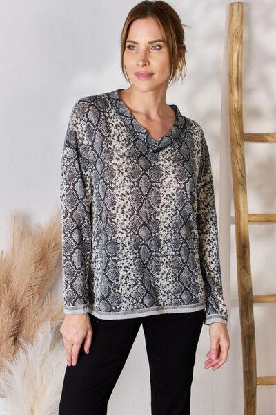 Hailey & Co Full Size Snakeskin V-Neck Long Sleeve Top - Trendsi