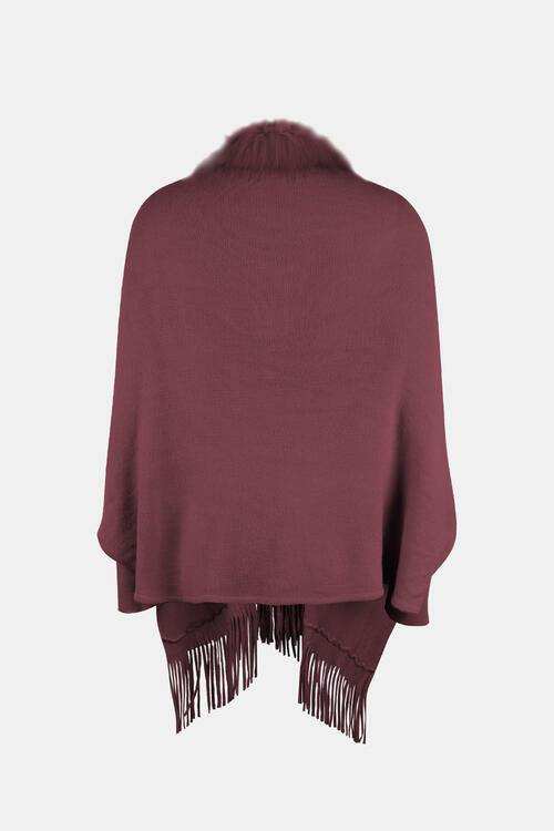Fringe Open Front Long Sleeve Poncho - Trendsi - Flyclothing LLC