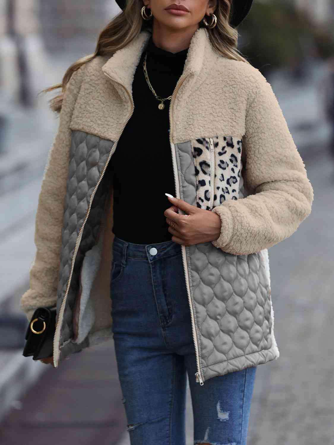 Leopard Color Block Zip-Up Jacket - Trendsi