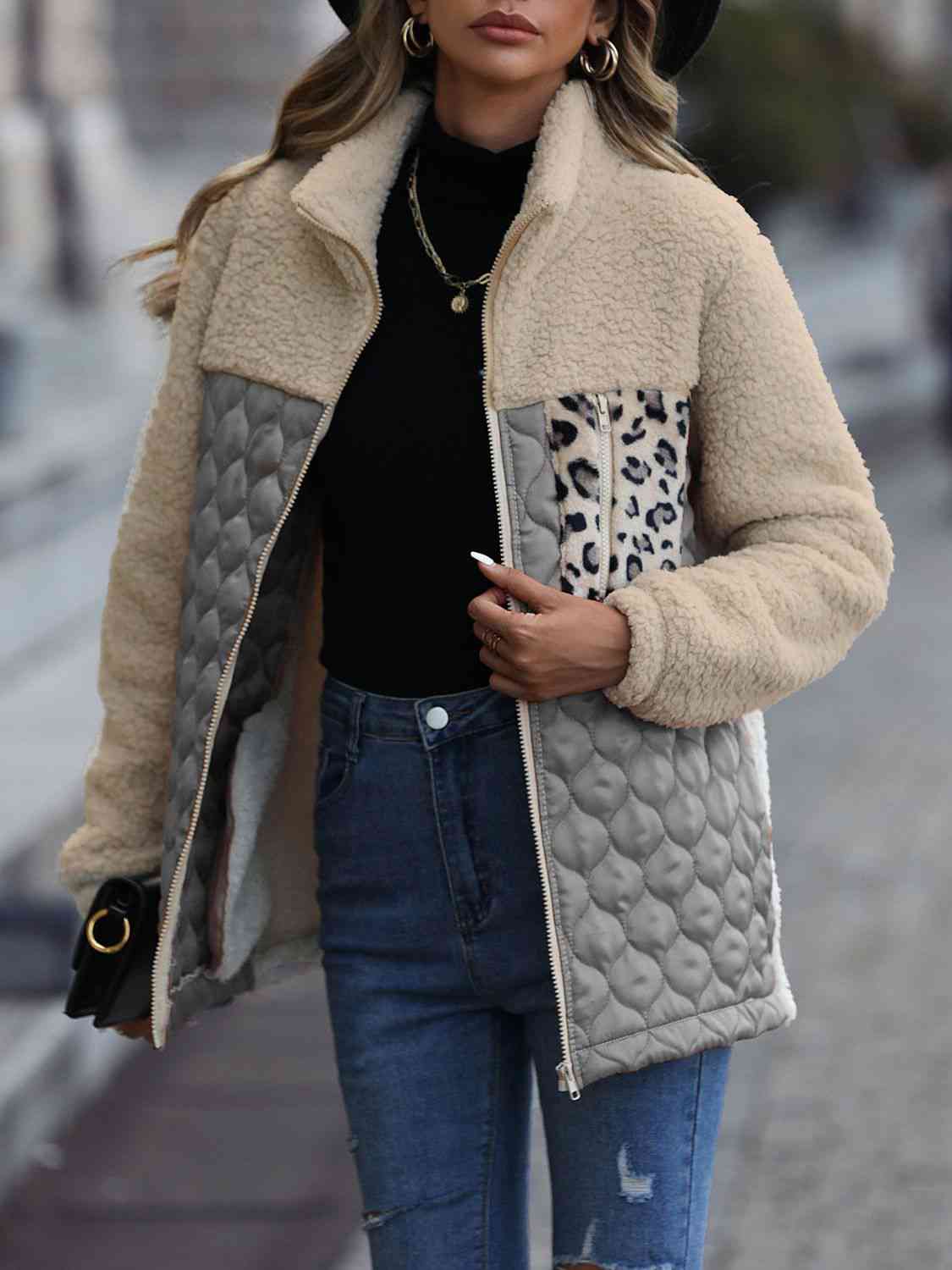 Leopard Color Block Zip-Up Jacket - Trendsi - Flyclothing LLC