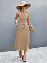 Buttoned Halter Neck Frill Trim Midi Dress - Trendsi - Flyclothing LLC