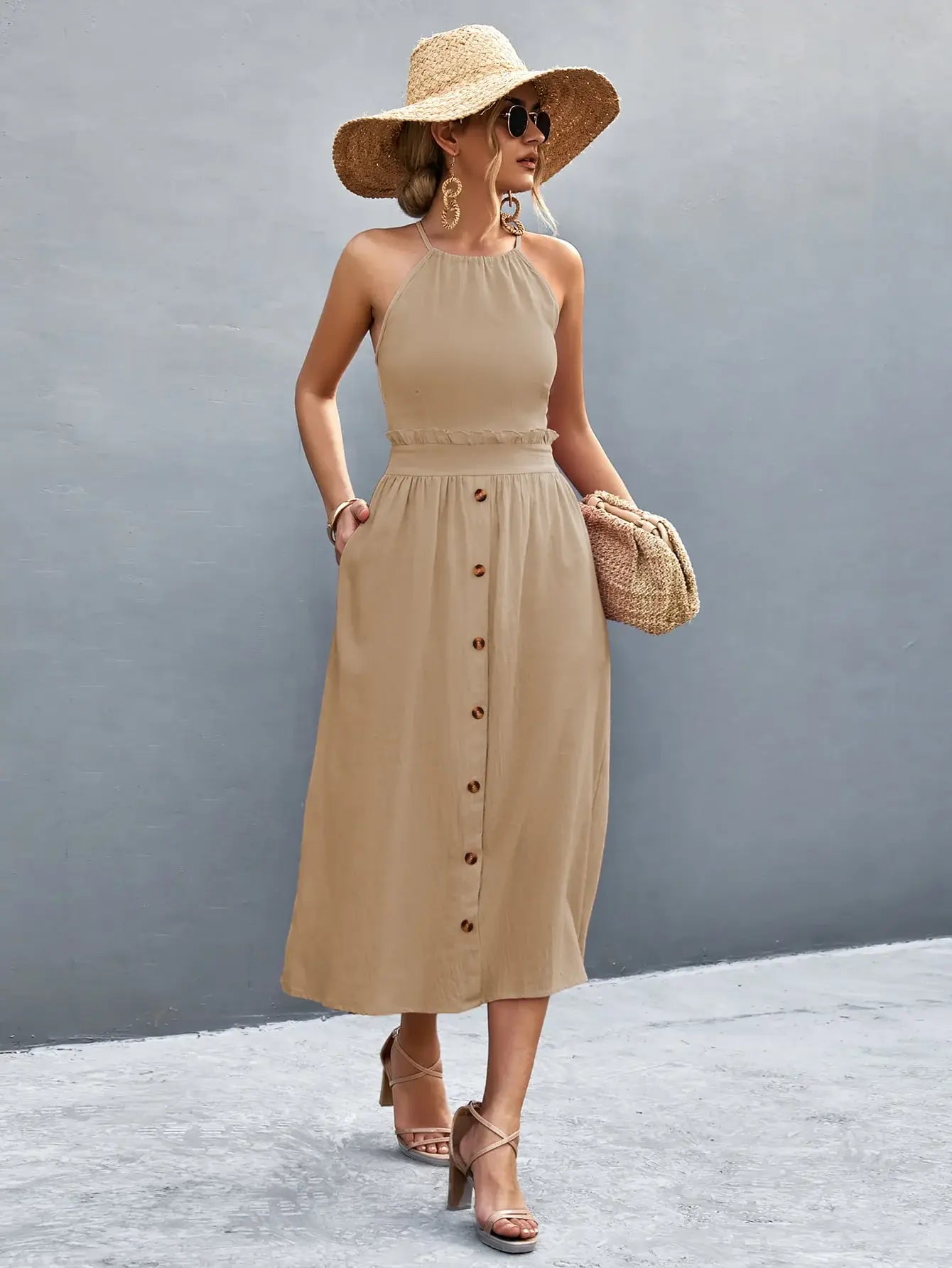 Buttoned Halter Neck Frill Trim Midi Dress - Trendsi - Flyclothing LLC