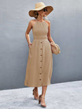 Buttoned Halter Neck Frill Trim Midi Dress - Trendsi - Flyclothing LLC