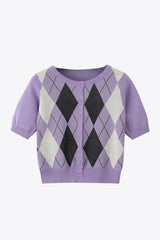 Argyle Round Neck Ribbed Trim Cardigan - Trendsi - Flyclothing LLC