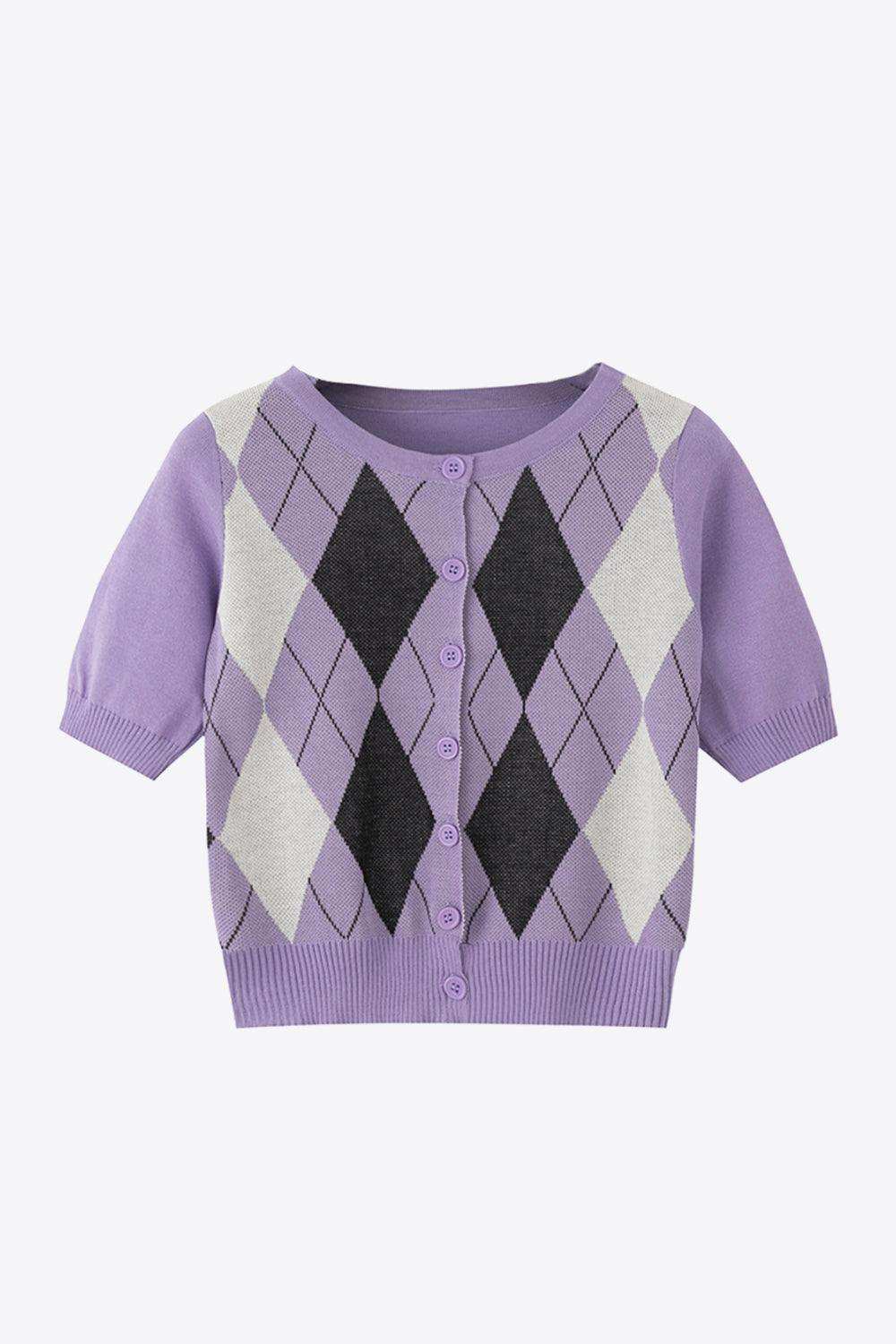 Argyle Round Neck Ribbed Trim Cardigan - Trendsi - Flyclothing LLC