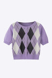 Argyle Round Neck Ribbed Trim Cardigan - Trendsi - Flyclothing LLC