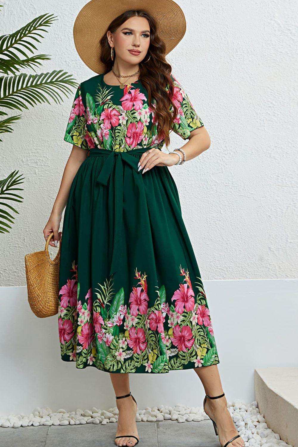 Floral Tie-Waist Round Neck Dress - Trendsi - Flyclothing LLC