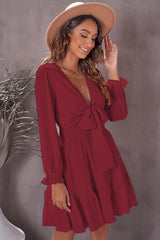 Tied Plunge Smocked Waist Flounce Sleeve Dress - Flyclothing LLC
