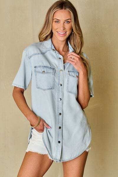 Slit Snap Down Short Sleeve Denim Top - Trendsi - Flyclothing LLC