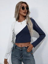 Croopped Contrast Color Round Neck Short Sleeve Tee - Trendsi - Flyclothing LLC
