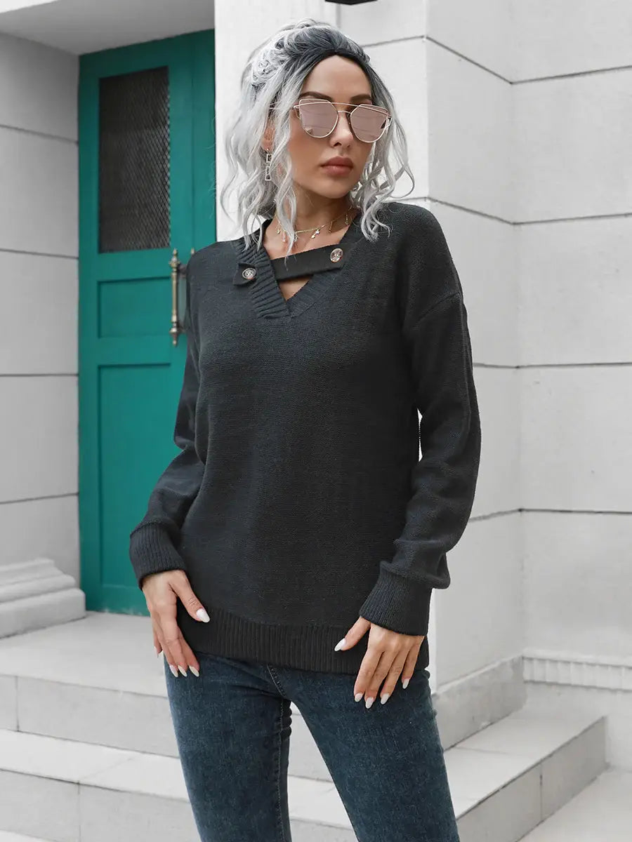 Dropped Shoulder Button Detail Sweater - Trendsi - Flyclothing LLC