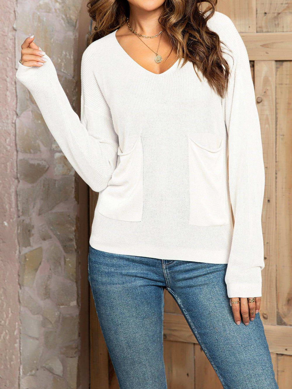 V-Neck Long Sleeve Knit Top with Pocket - Trendsi - Flyclothing LLC