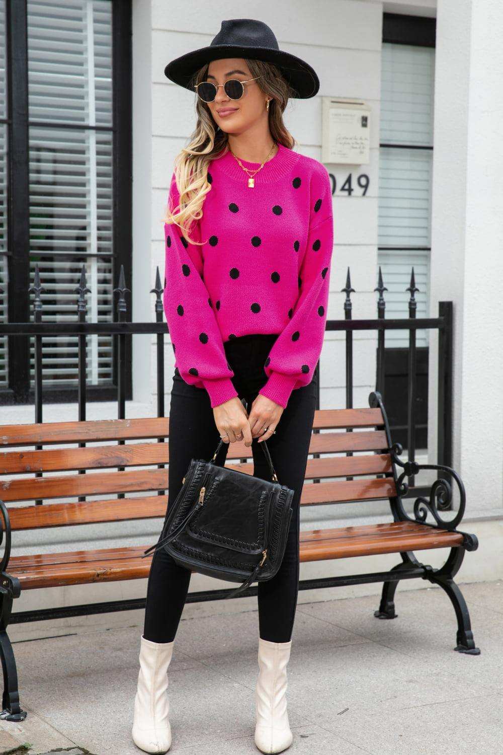 Polka Dot Round Neck Dropped Shoulder Sweater - Trendsi - Flyclothing LLC