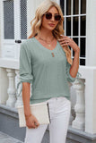 Eyelet Drawstring V-Neck Half Sleeve T-Shirt - Trendsi - Flyclothing LLC