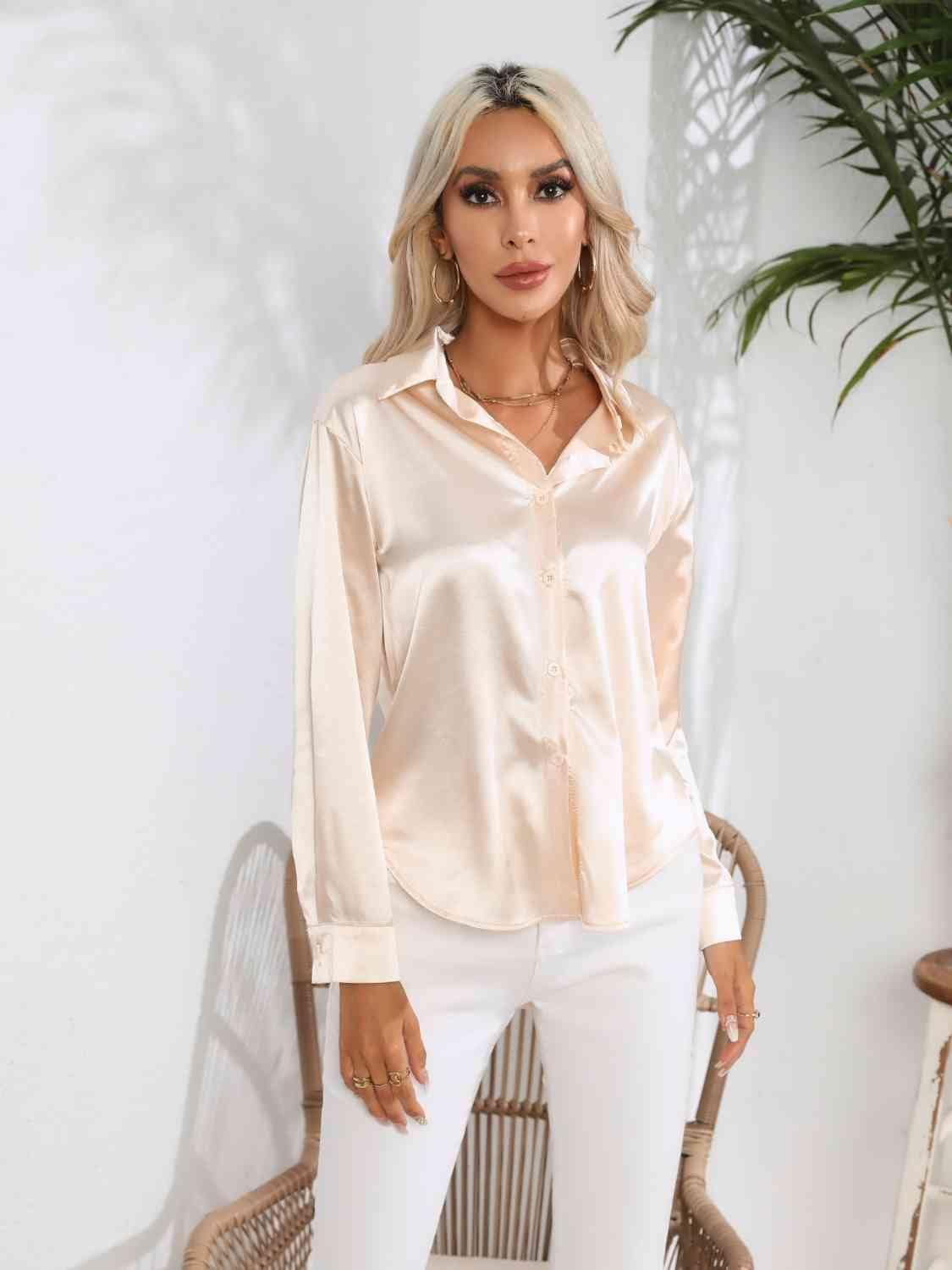 Collared Neck Buttoned Long Sleeve Shirt - Trendsi