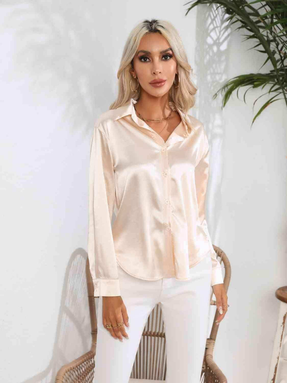 Collared Neck Buttoned Long Sleeve Shirt - Trendsi - Flyclothing LLC