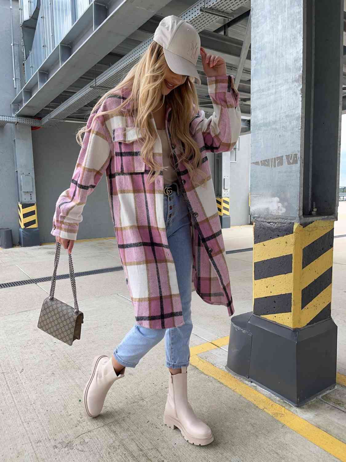 Plaid Collared Neck Longline Shirt - Trendsi - Flyclothing LLC