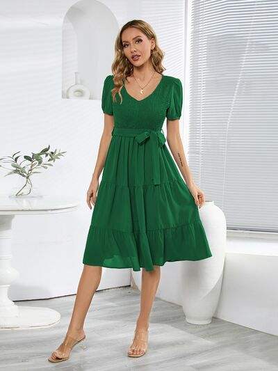 Smocked Tie Front Short Sleeve Tiered Dress - Trendsi - Flyclothing LLC