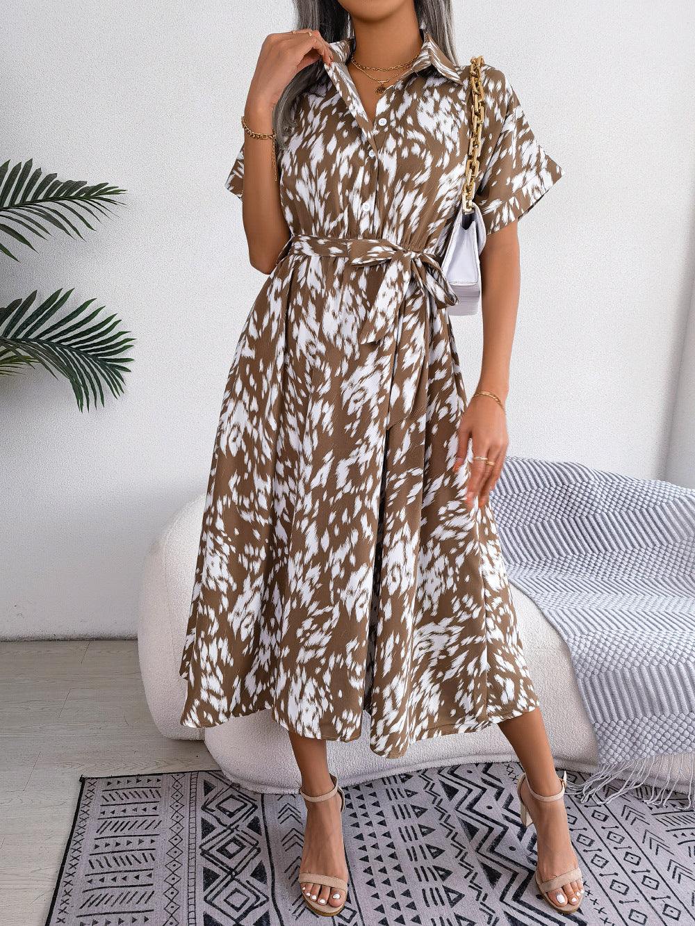 Printed Collared Neck Short Sleeve Tie Waist Dress - Trendsi