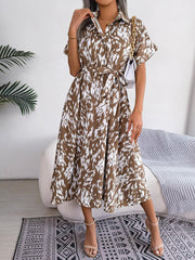 Printed Collared Neck Short Sleeve Tie Waist Dress - Trendsi