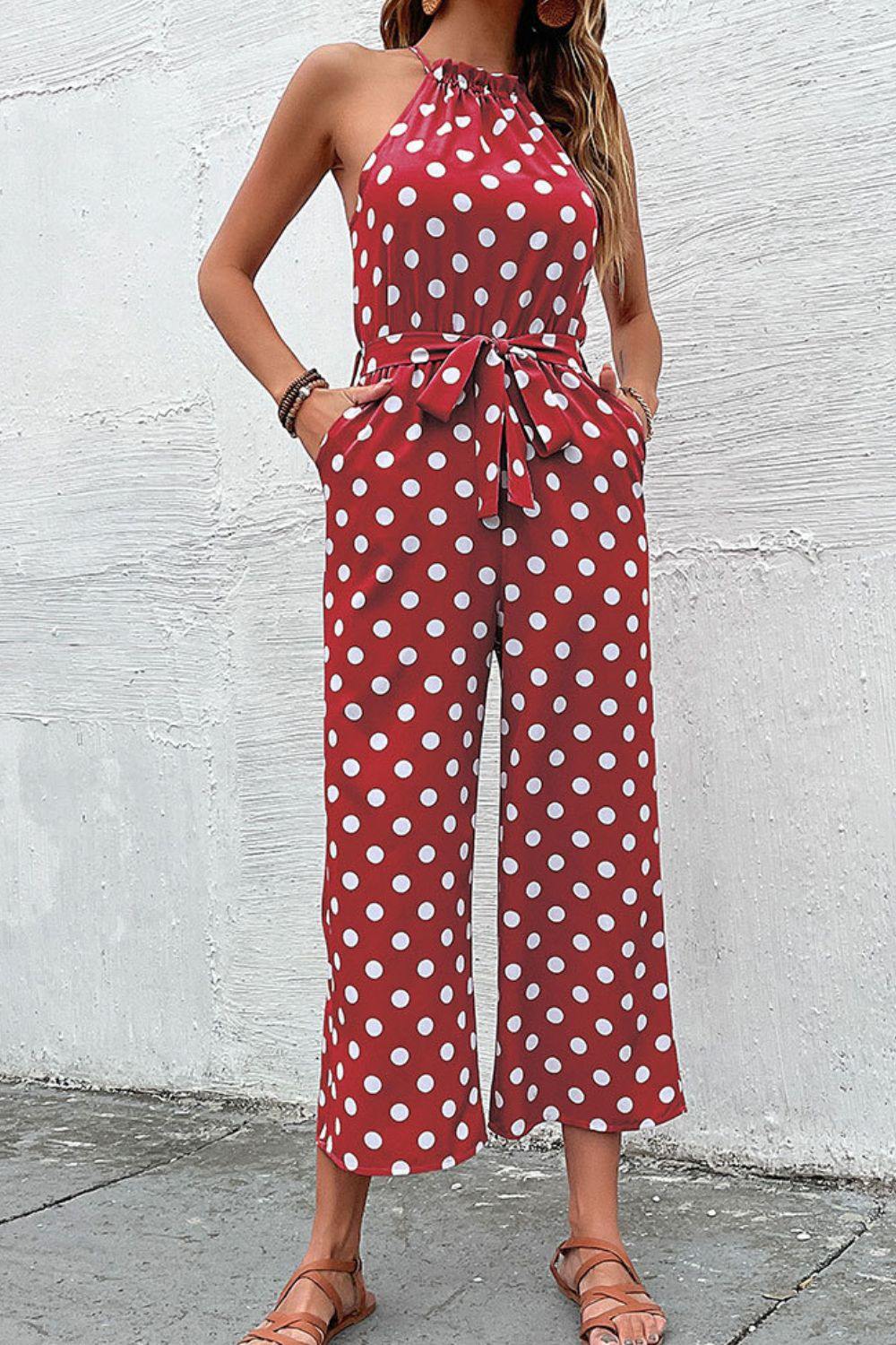 Polka Dot Grecian Wide Leg Jumpsuit - Trendsi
