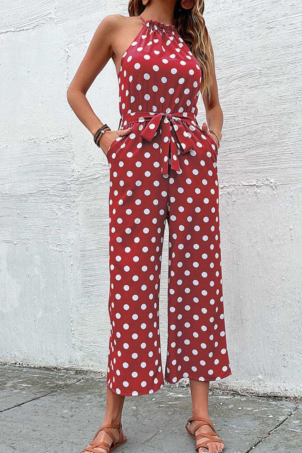 Polka Dot Grecian Wide Leg Jumpsuit - Trendsi - Flyclothing LLC