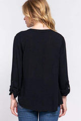 ACTIVE BASIC Full Size Notched Long Sleeve Woven Top - Trendsi - Flyclothing LLC