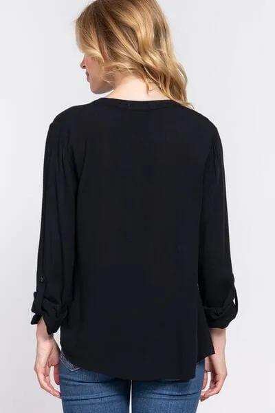 ACTIVE BASIC Full Size Notched Long Sleeve Woven Top - Trendsi - Flyclothing LLC