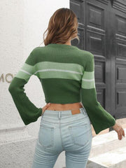 Ribbed Color Block Round Neck Cropped Sweater - Trendsi
