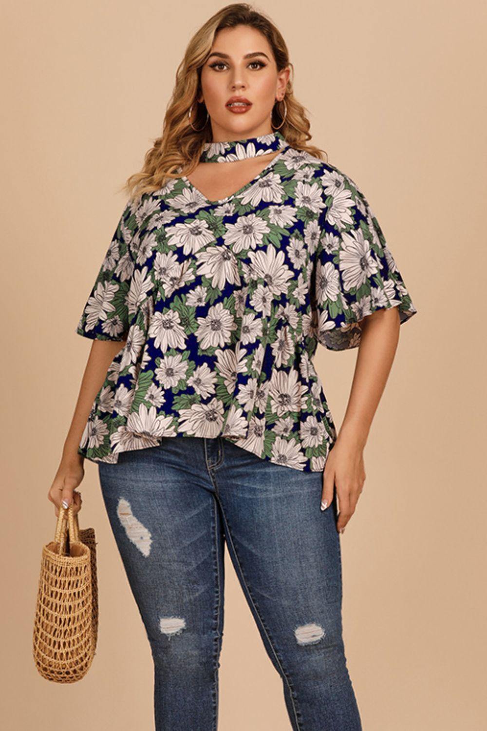 Plus Size Floral Flutter Sleeve Cutout Blouse - Trendsi