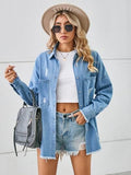 Distressed Raw Hem Dropped Shoulder Denim Jacket - Trendsi