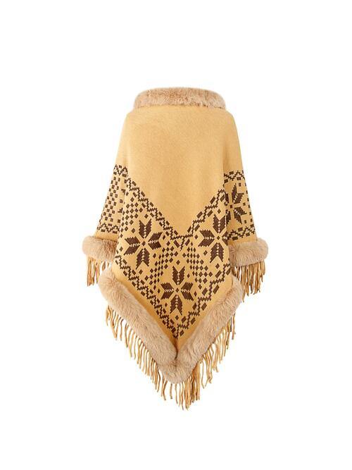 Fringe Geometric Cape Sleeve Poncho - Trendsi