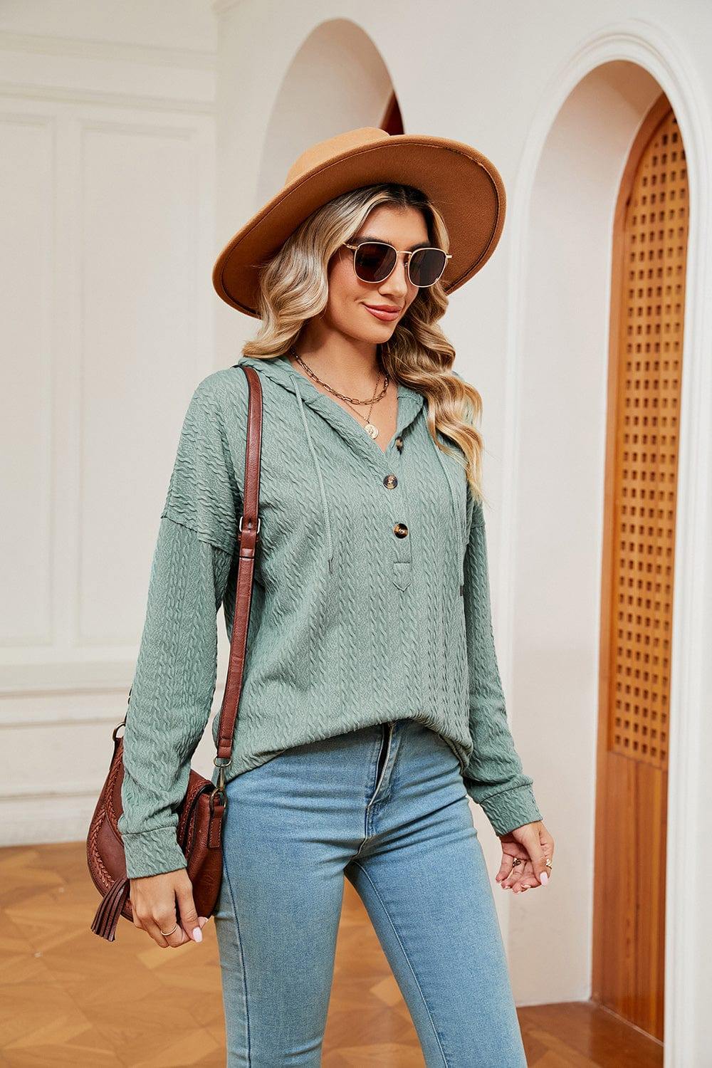 Half-Button Dropped Shoulder Hoodie - Trendsi