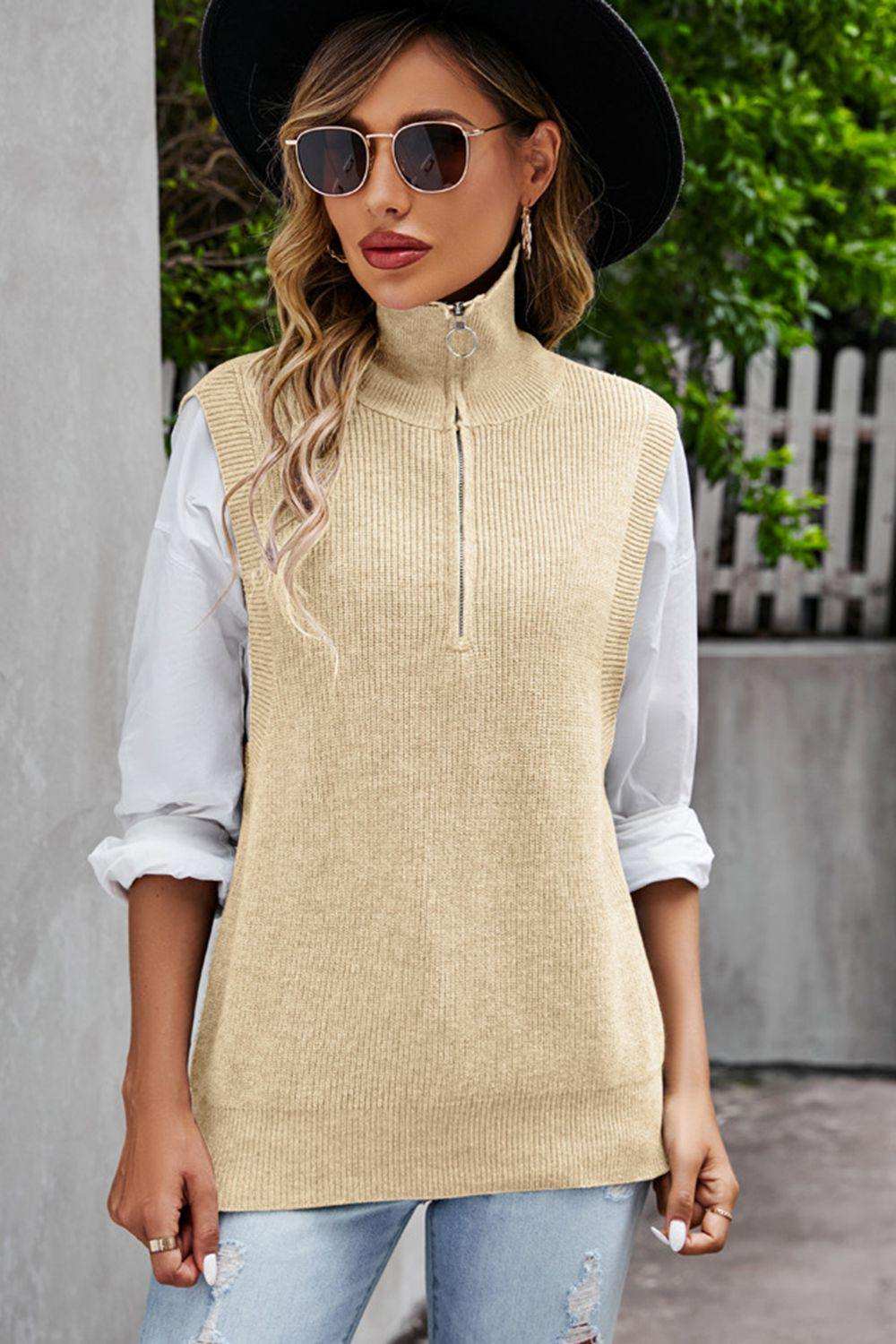 Quarter-Zip Ribbed Sweater Vest - Trendsi - Flyclothing LLC