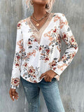 Printed V-Neck Long Sleeve Blouse - Trendsi